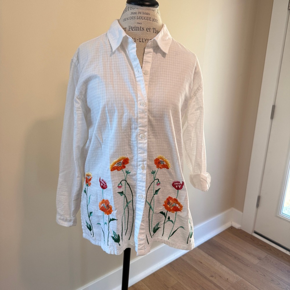 Bobbie Brooks Women's White Cotton With Floral Embroidery Blouse Size L